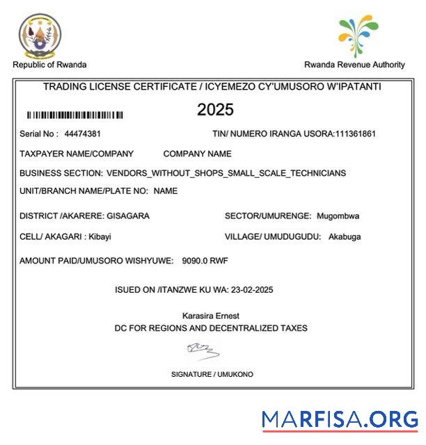 Downloadable Rwanda trading license certificate Word and PDF template